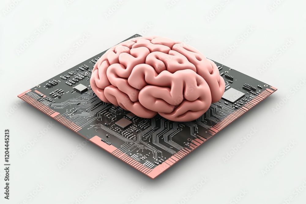 Aufkleber realistic human brain resting on a motherboard with intricate circuitry detailing the concept of neu