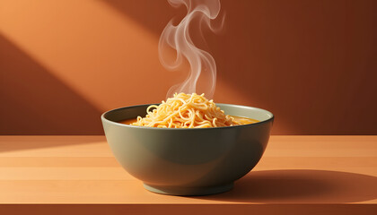 Steaming bowl of noodles on wooden table