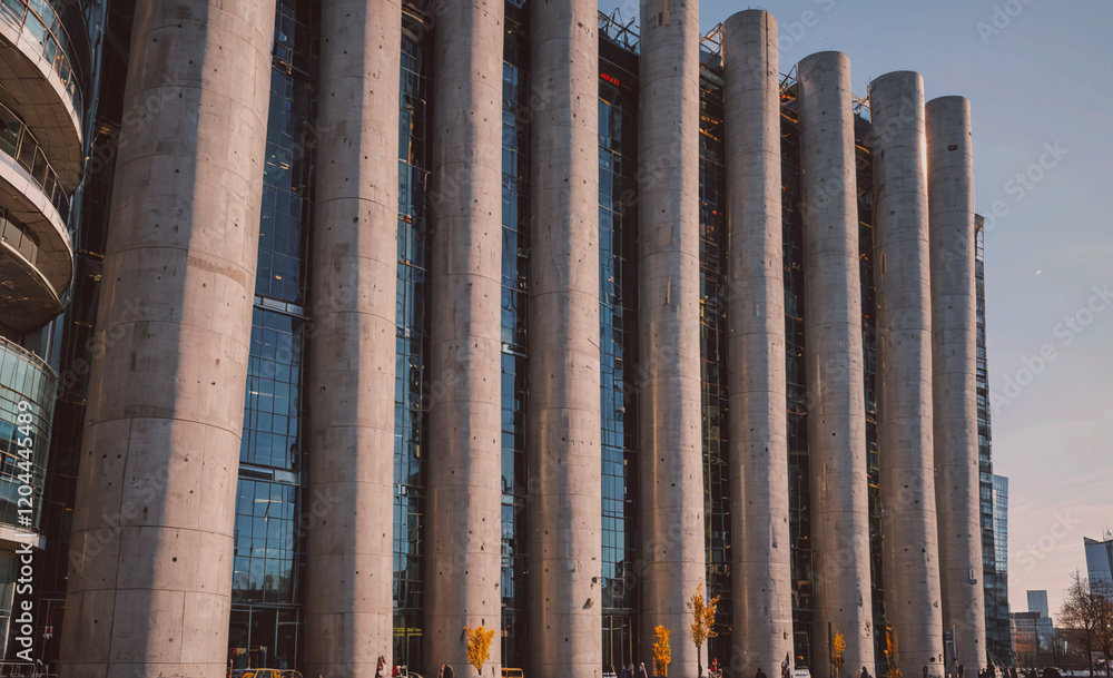 Poster A tall building with many windows and a large tower. The building is made of concrete and has a modern design