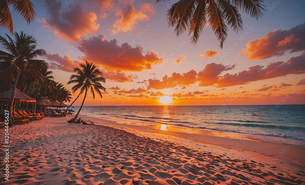 Aufkleber a beautiful beach with palm trees and a sunset in the background. the sky is filled with clouds and 