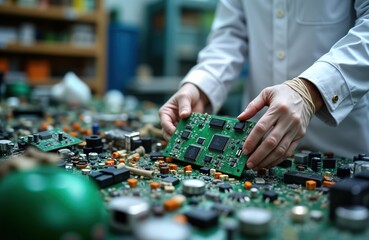 Techie carefully sorts electronic waste. Person separates recyclable circuit boards from hazardous materials. Eco friendly recycling process. Industrial facility. Present day.