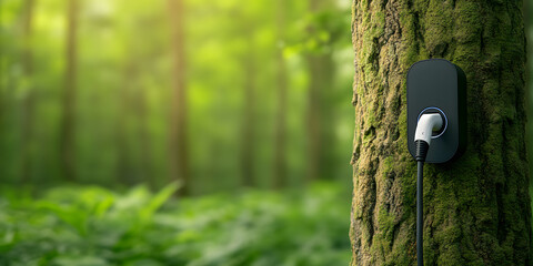 Electric vehicle charging station in a forest setting. Sustainable energy concept.