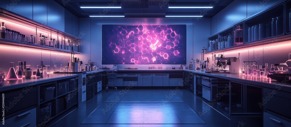 Poster modern futuristic laboratory interior with neon lighting and a large screen displaying abstract pink