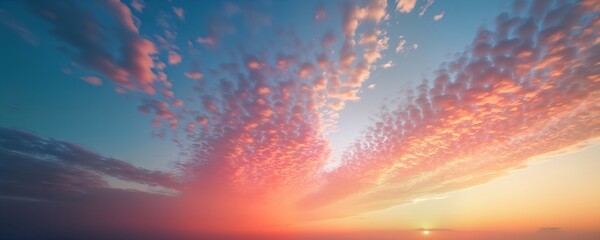 Stunning sunset panorama shows rippled clouds in vibrant colors. Dramatic sky transitions from light blue to fiery orange, red hues. Beautiful natural light paints sky. Peaceful, romantic scene.