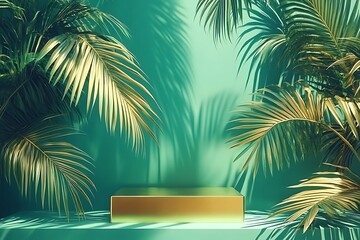 Fototapeta premium Golden Podium Display with Tropical Leaves