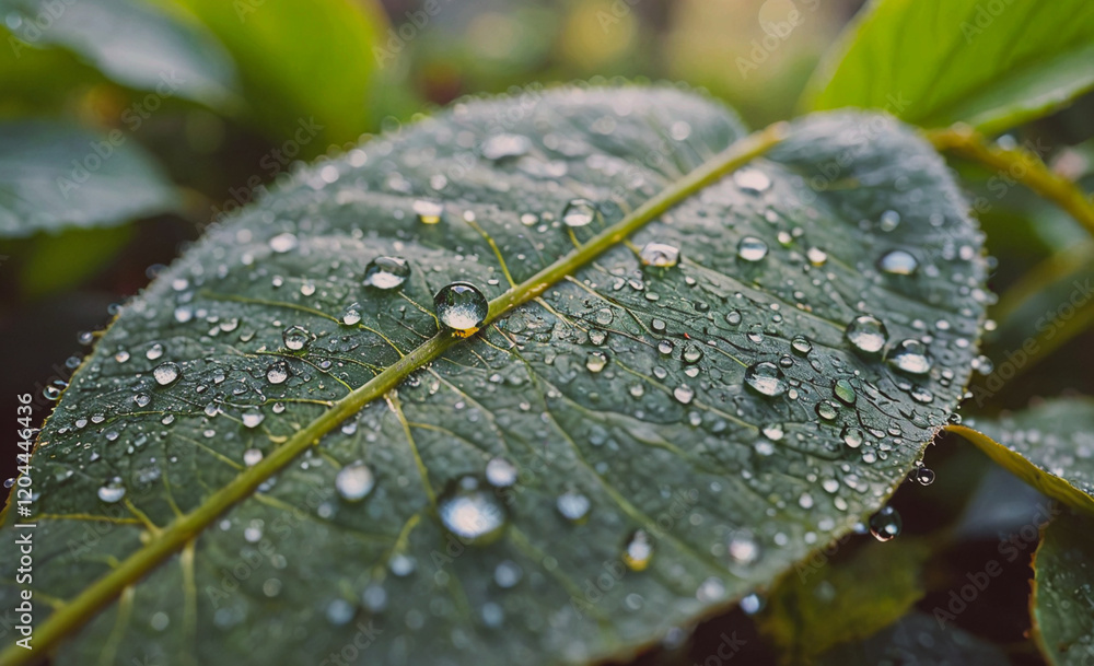 Poster a leaf is covered in raindrops, giving it a fresh and vibrant appearance. the droplets on the leaf r