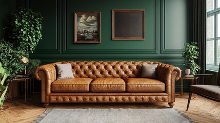 A living room with a leather sofa and armchair against a dark green wall. A 3D render captures the elegance of this contemporary space.