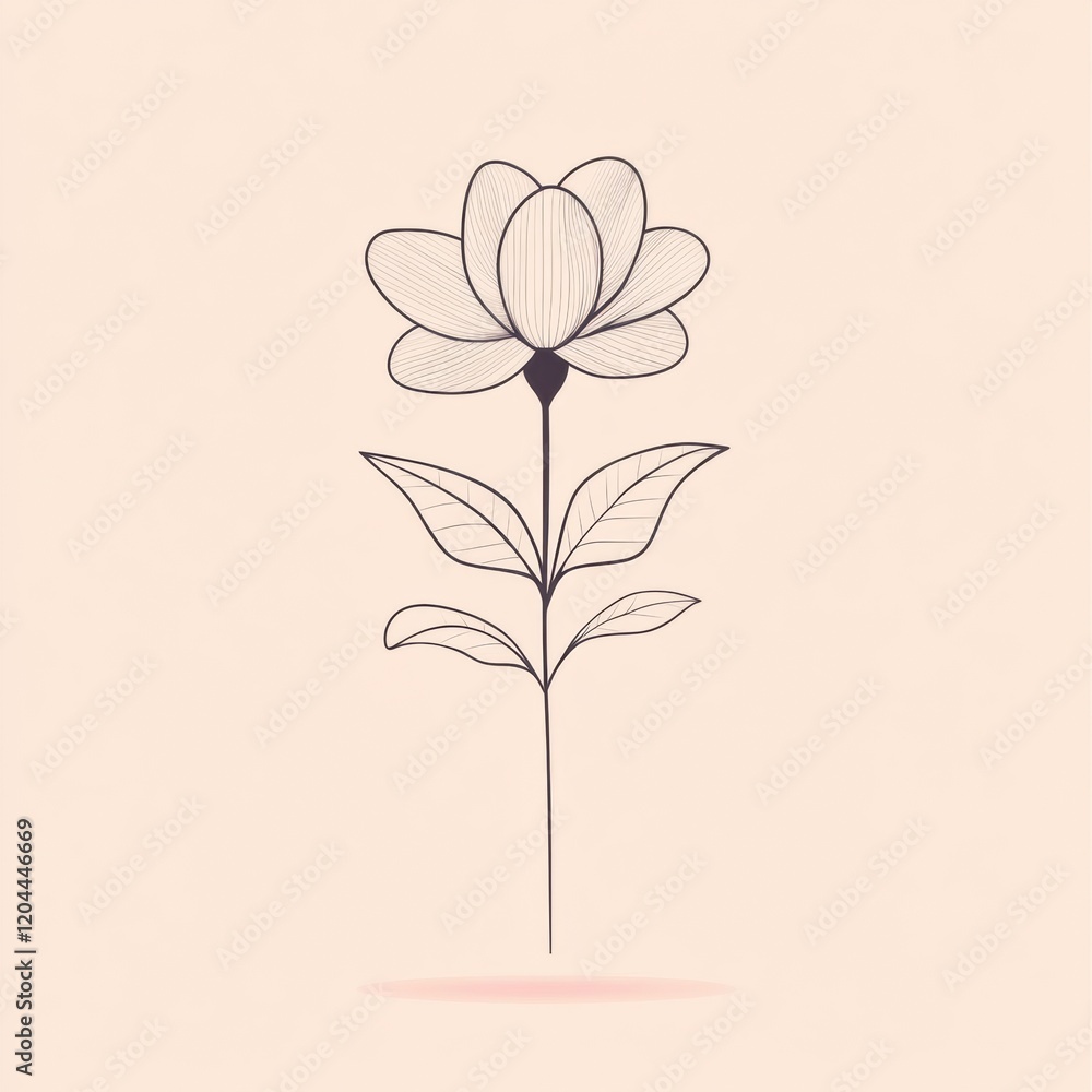 Poster elegant line drawing of a blooming flower with leaves on a soft pastel background. generative ai