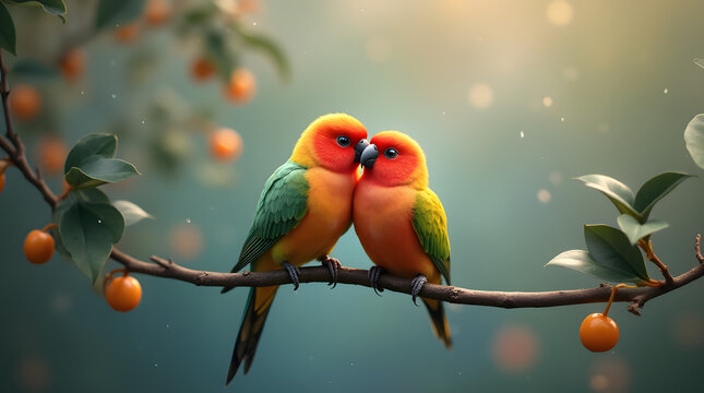 deux Oiseaux ins&eacute;parables sur une branche entour&eacute;s de fruits 