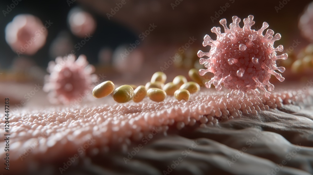Poster detailed depiction of cellular interaction affected by avitaminosis highlighting microbial activity 