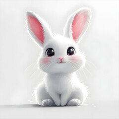 Obraz premium Adorable white fluffy bunny sitting on white background