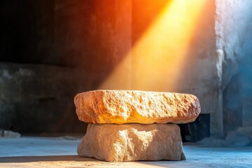 Sunlight illuminating ancient stone altar in a sacred temple setting