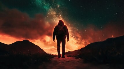 Obraz premium Silhouetted figure under starry night sky with glowing horizon