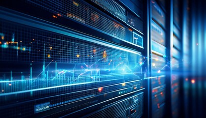 business trends data analysis graph concept a close up view of a data storage system with illuminated panels showcasing a pattern of lights indicating active connections or data processing