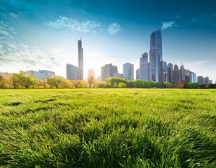 Fototapeta premium city skyline above vibrant spring meadow nature meets urban life
