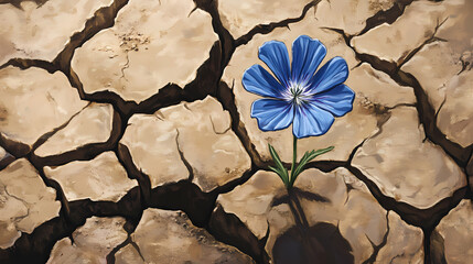Eternal hope: a blue flower blooming through cracks in arid soil, symbolizing resilience and enduring spirit in quiet strength. Desert Bloom. Illustration
