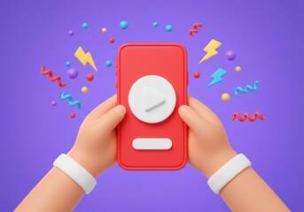 A 3D illustration of two hands holding a red smartphone with a large white play button on the screen