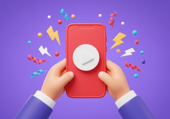 A 3D illustration of two hands holding a red smartphone with a large white play button on the screen