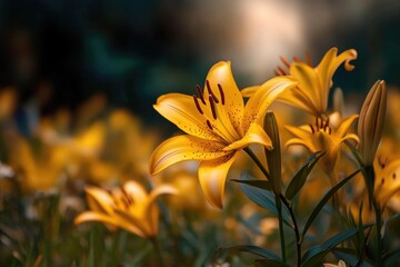 Vibrant yellow lilies blooming in sunlit garden