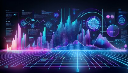 Fototapeta premium A futuristic digital interface featuring holographic elements, showcasing advanced data analytics with interactive graphs, charts, and glowing visuals in a high-tech setting