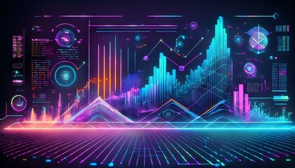 Obraz premium A futuristic digital interface featuring holographic elements, showcasing advanced data analytics with interactive graphs, charts, and glowing visuals in a high-tech setting
