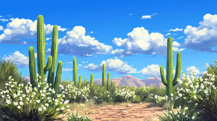 Tall green cactus plants with white flowers bloom under a vibrant blue sky with scattered clouds, showcasing a beautiful desert scene in full bloom. vivid and colorful. Desert Bloom. Illustration