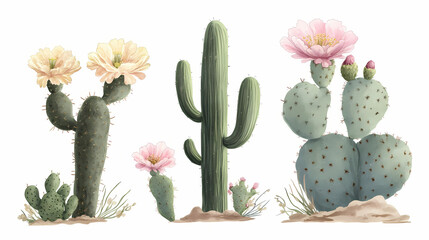 Three tall cacti isolated on transparent background. Desert Bloom. Illustration