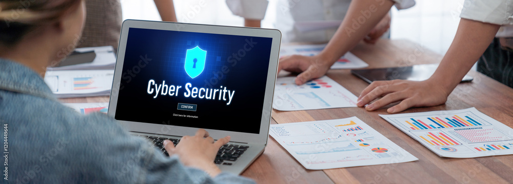 Poster Cyber security system on computer screen protect private information brisk from hacker and cyber attack