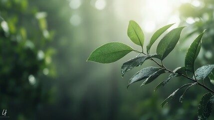 Obraz premium Dew-kissed leaves shimmer in the gentle sunlight filtering through the dense forest, igniting a sense of freshness and vibrant life within nature's embrace.