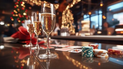 Fototapeta premium Festive casino night with champagne glasses and poker chips on a reflective table