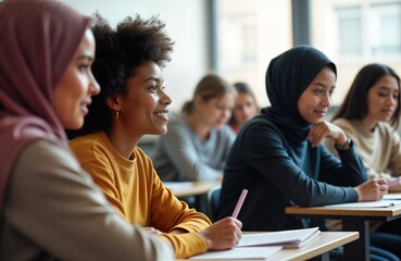 Young women students sit attentively in classroom during test. Appear focused, engaged. Girls friends, give advice to. Classroom filled with students. Environment academically driven, friendly.