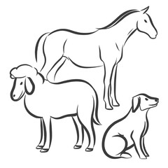 Obraz premium Minimalist line art of a horse, sheep, and dog in black and white