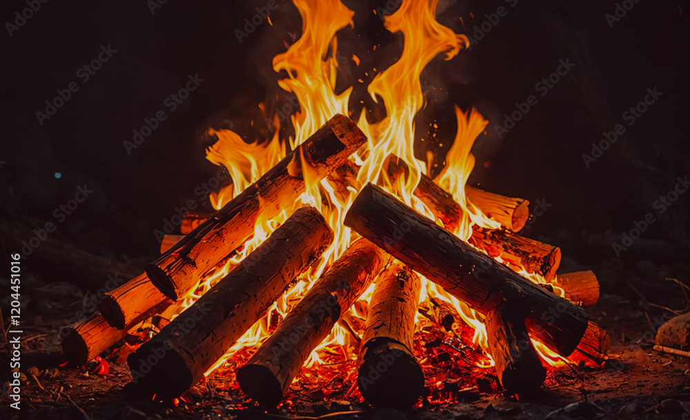 Poster a pile of wood is burning in a fire, creating a warm and cozy atmosphere. the fire is surrounded by 