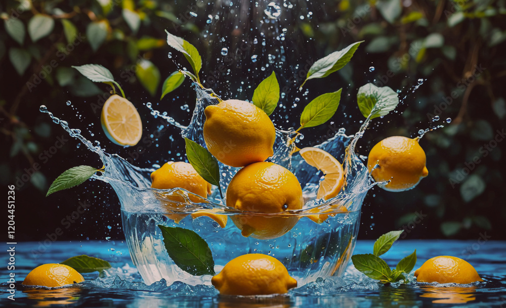 Poster A bowl of lemons is splashing in water. The lemons are floating in the water and some are falling into the water