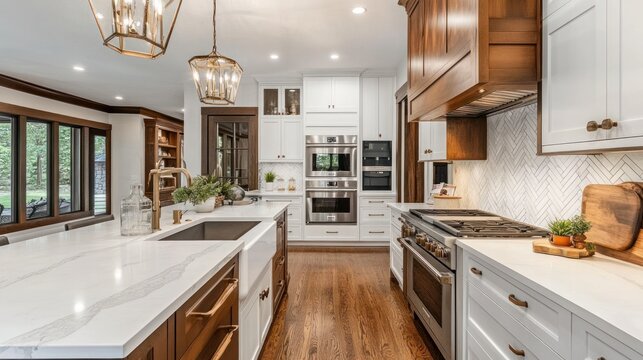 A bright and spacious kitchen with white countertops and wooden cabinets and modern amenities