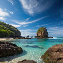 Secluded Tropical Beach Photograph with Azure Waters, Lush Greenery, and Scenic Coastal Landscape under a Clear Sky