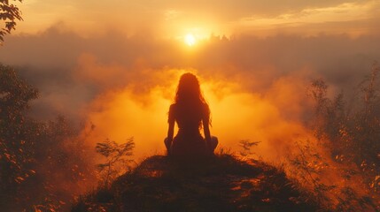 Obraz premium Woman meditating on a hilltop at sunrise, surrounded by misty landscape and vibrant colors