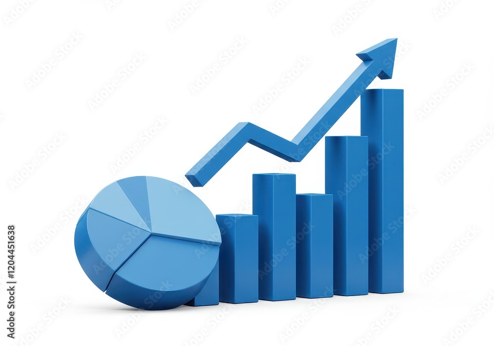 Poster a 3d data visualization showing a blue bar chart in ascending order, with a semi-transparent blue pi