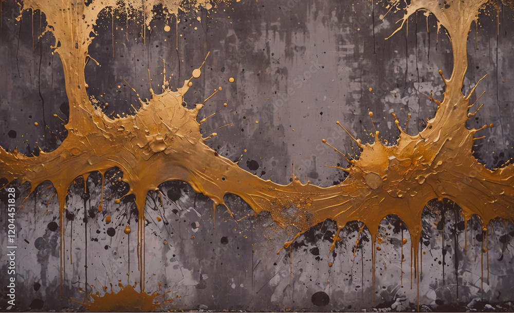 Poster the painting is a splash of gold and brown paint on a wall. the gold paint is splattered in a way th