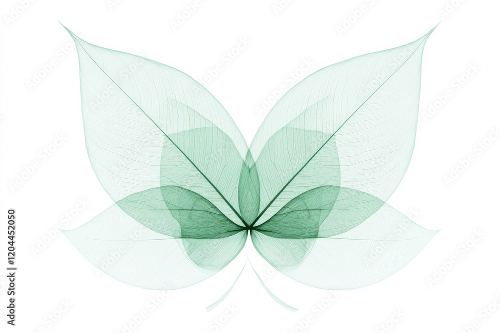 Poster delicate green leaves arranged to create a butterfly shape with intricate details and transparency. 