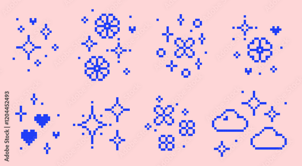 Aufkleber y2k star sparkle blue icons. glitter pixel art. star. heart. flower. cloud. mood of 90s aesthetics. 