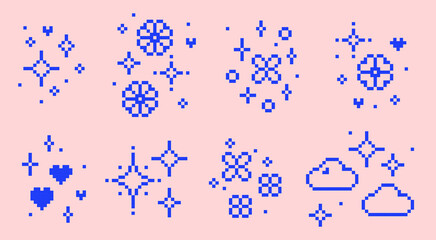 Y2k star sparkle blue icons. Glitter pixel art. Star. Heart. Flower. Cloud. Mood of 90s aesthetics. 8 bit retro style editable vector illustration. Simple geometric pattern set. Game abstract elements