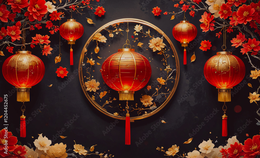 Poster A collection of gold and red lanterns are suspended from the ceiling, creating a warm and inviting atmosphere. The lanterns are arranged in a circular pattern, with some hanging closer to the center