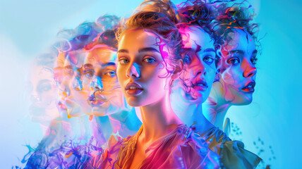 a colorful detailed rendering of a beautiful woman transforming into several different variations and outfits spreading out horizontally and fading toward the edges


