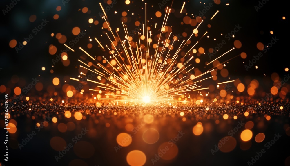 Poster golden fireworks explode on dark background. sparkling glitter creates festive atmosphere. celebrati