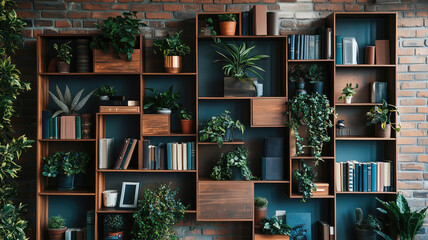 a contemporary style bookshelf adorned with plants that serves as a modern decorative element for virtual office backdrops studio backgrounds or can be printed in a large format to enhance a back


