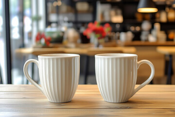 Two white blank mock up mugs on a wooden table with a coffee shop interior in the background