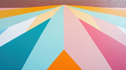 Fototapeta premium Close-up of a colorful geometric pattern on a brick wall. the pattern is made up of multiple overlapping triangles in different colors, including blue, orange, pink, yellow, and white.