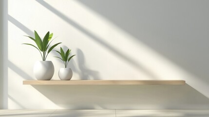 Corner of a room with a wooden shelf on the wall. on the shelf, there are two white vases with green plants in them. the vases are placed side by side, facing towards the left side of the image.
