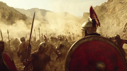 A hyper-realistic, cinematic portrayal of the 300 Spartans at the Battle of Thermopylae, with warriors in full armor, intense hand-to-hand combat against overwhelming Persian forces. The scene shows b